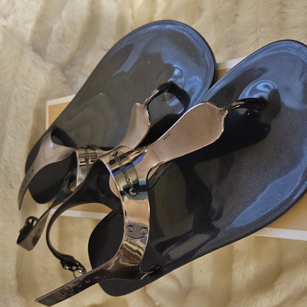 Michael Kors Black Jelly Sandals with Metallic Silver T-Strap